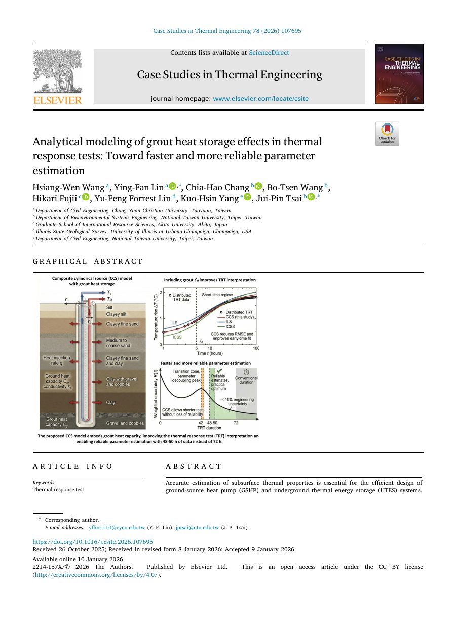 First page of Analytical Modeling of Grout Heat Storage Effects in Thermal Response Tests: Toward Faster and More Reliable Parameter Estimation.