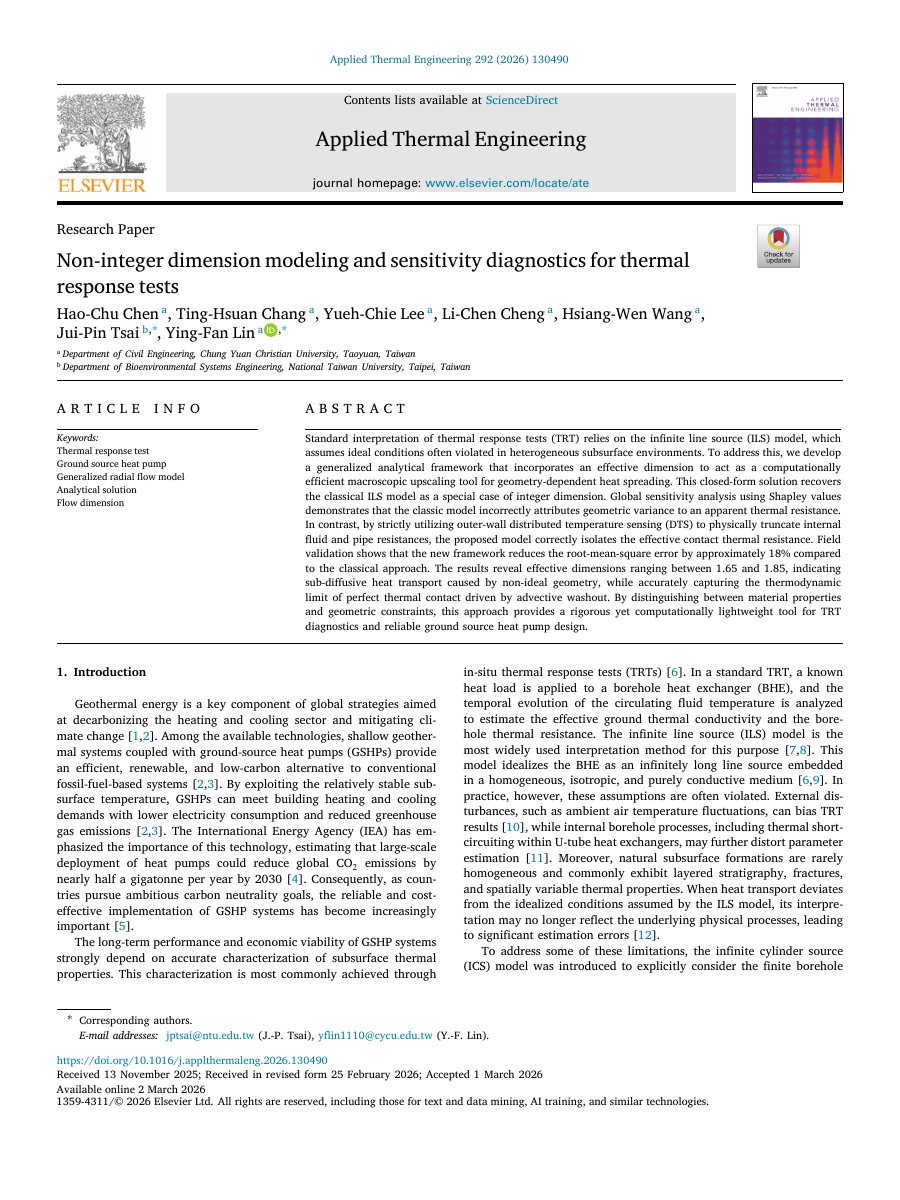 First page of Non-Integer Dimension Modeling and Sensitivity Diagnostics for Thermal Response Tests.