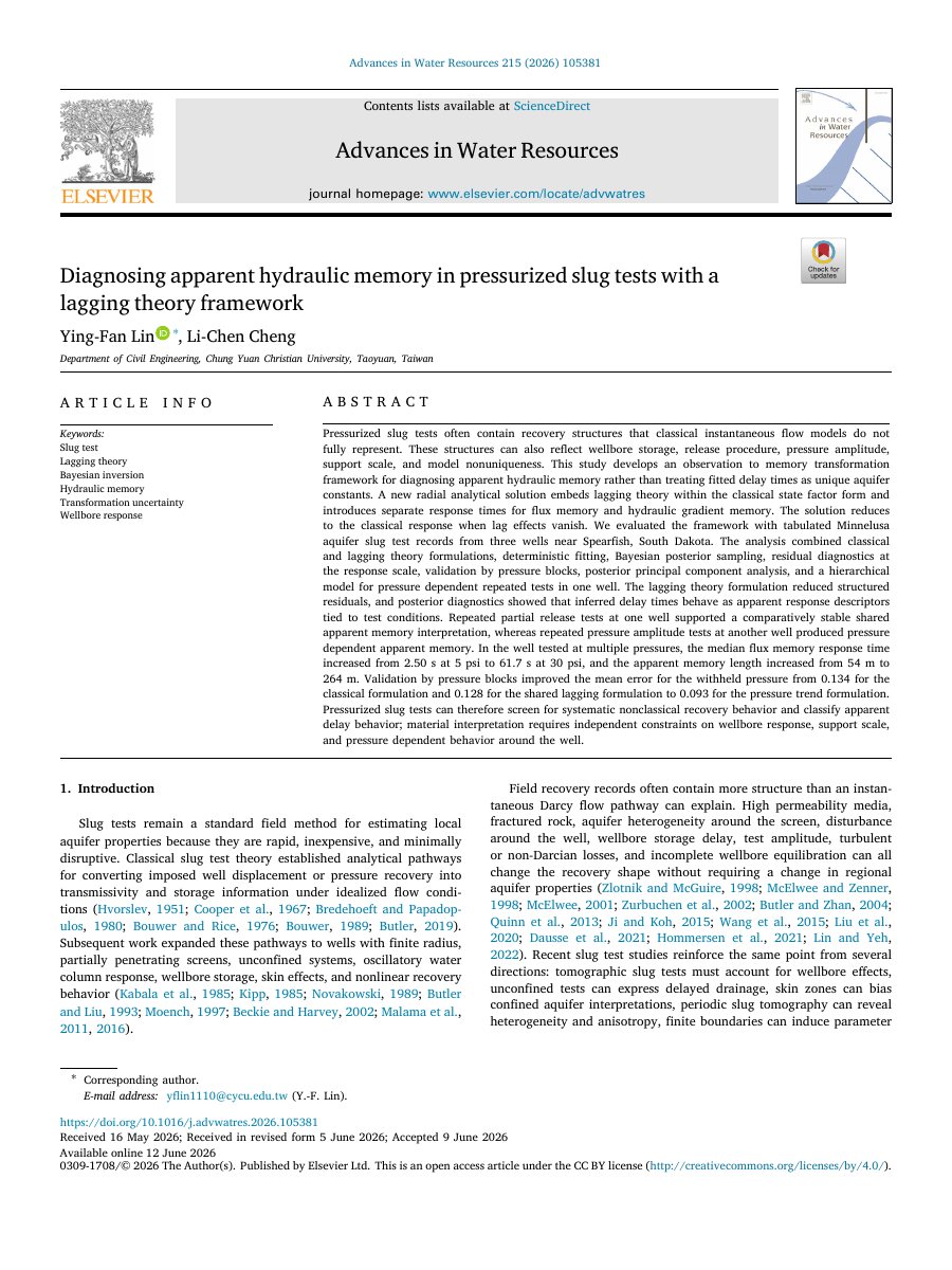 First page of Diagnosing Apparent Hydraulic Memory in Pressurized Slug Tests With a Lagging Theory Framework.